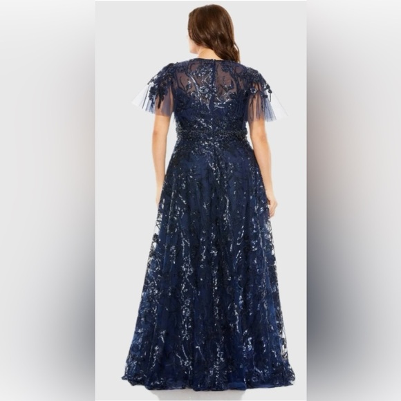 Mac Duggal 20469 NWT Navy High Neck Flutter Sleeve Embellished A-Line Gown - Picture 3 of 11